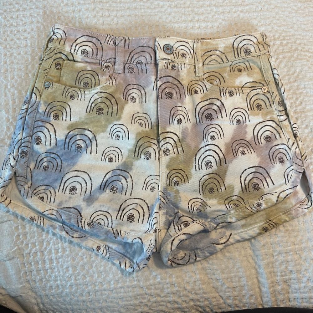 THE ART OF ANTHROPOLOGIE HANNAH LEATHERS rainbow drawn denim shorts size 26 NWT